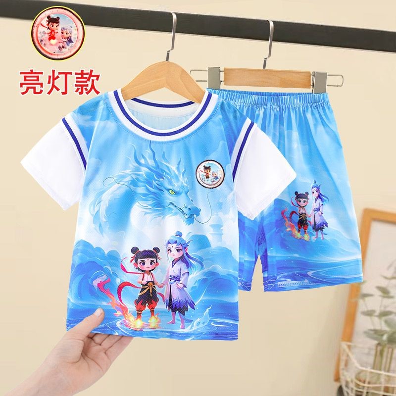 夏薄款女童套装男童速干运动冰丝网眼夏套装薄款透气短袖短裤夏装