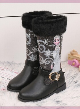 高筒黑色公主靴子秋冬款儿童加绒雪地靴小女孩棉鞋宝宝保暖鞋子潮