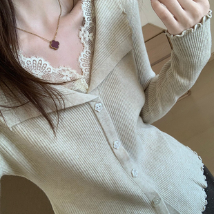 韩版 新款 休闲甜美气质上衣女 2025秋季 话里细羊毛蕾丝假两件打底衫