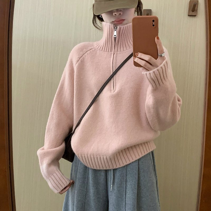话里精致半拉链高领毛衣2026春季新款休闲显瘦百搭上衣针织衫女