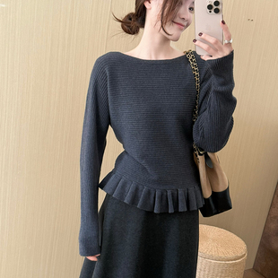 设计感时尚 话里一字领系带蝙蝠衫 韩版 新款 收腰显瘦上衣女 2025冬季