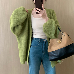 简约风减龄甜美气质上衣 韩版 话里慵懒风气质绿色毛衣2025秋季 新款