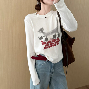话里印花图案小猫长袖2026春季新款休闲显瘦圆领减龄百搭上衣T恤