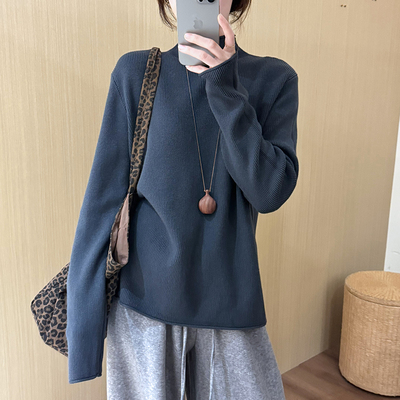 话里纯色宽松半高领毛衣打底衫