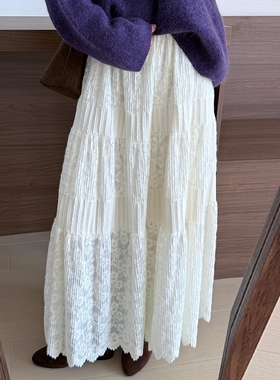 话里淑女风加厚磨毛蕾丝半裙2026春季新款韩版百搭休闲减龄伞裙女
