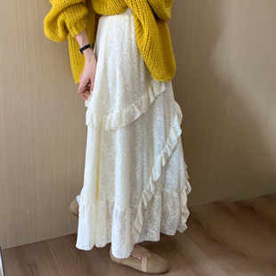 话里甜美宽松荷叶边磨毛蕾丝半裙2025秋季 高弹百搭气质半身裙 新款