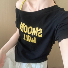 话里吊带假两件修身短袖2025夏季新款休闲薄款字母印花上衣T恤女
