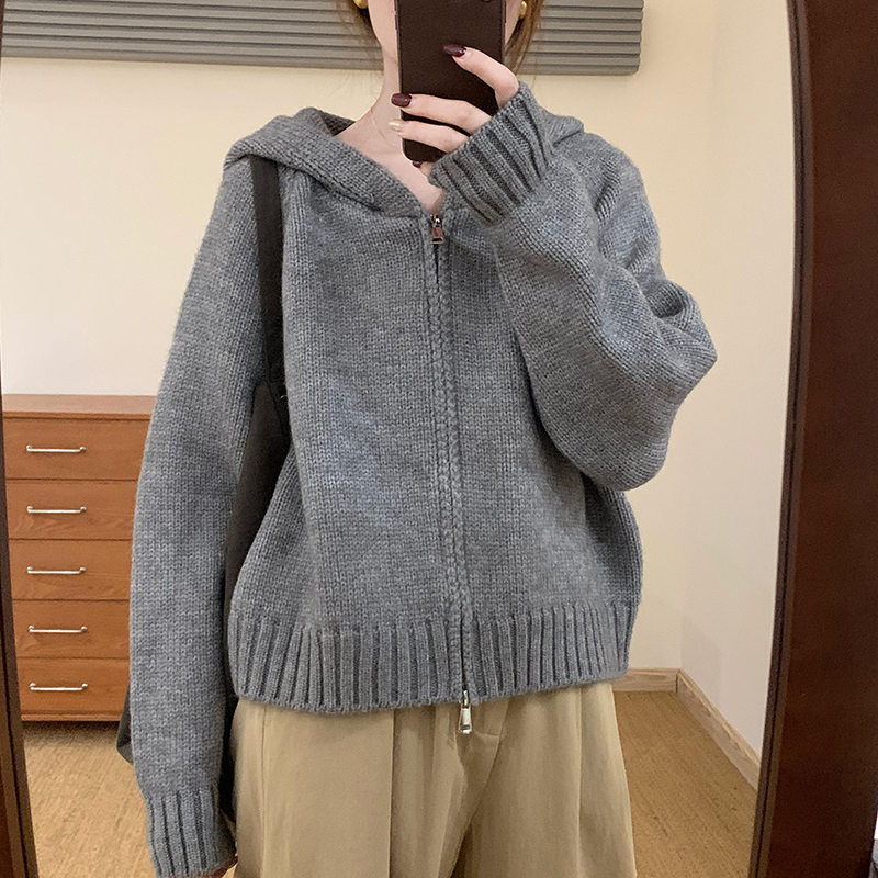 简约风纯色连帽拉链开衫加厚2024秋新款韩版百搭宽松显瘦针织上衣