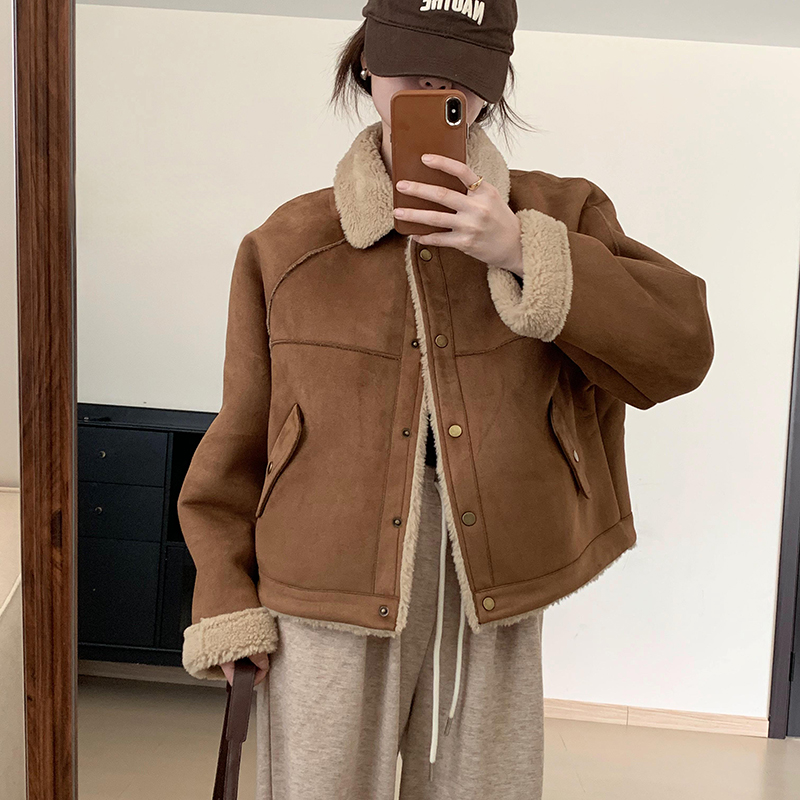 百搭保暖麂皮绒加毛外套2023秋冬新款女装韩版翻领显瘦上衣长袖