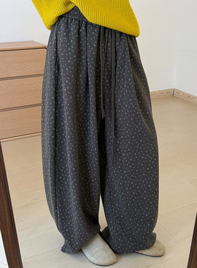 话里复古气质小花加绒裤2025秋季新款宽松显瘦小个子减龄直筒长裤