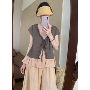话里韩系假两件短袖T恤女2026夏季新款飞飞袖绑带荷叶边气质上衣