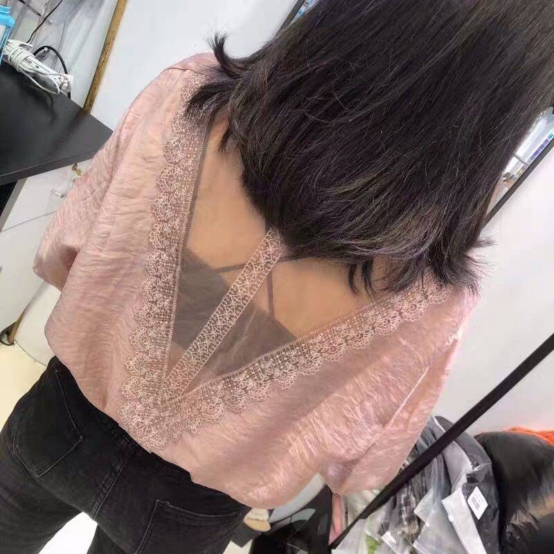 2020夏季新款欧式设计感小众宽松薄款V领后背网纱拼接短袖上衣|ruв категории Женская одежда, рубашка - от Buy2taobao.com для оказания профессиональной услуги покупки агента Taobao