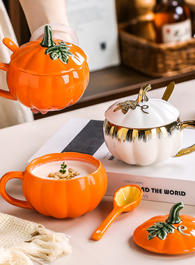 绿叶南瓜造型陶瓷杯 轻奢金边立体浮雕水杯 橙色带盖马克杯带勺子