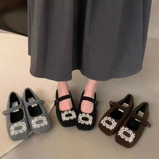 新款毛毛鞋百搭淑女气质优雅日常水钻韩版2026秋冬玛丽珍鞋方头风