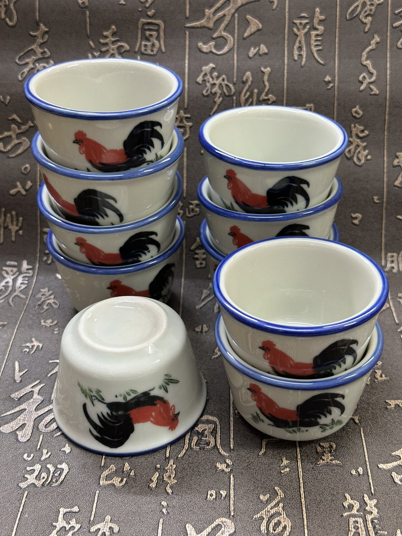 青花瓷陶瓷鸡公大茶杯大号公鸡复古怀旧茶杯家用中式水杯子10个装