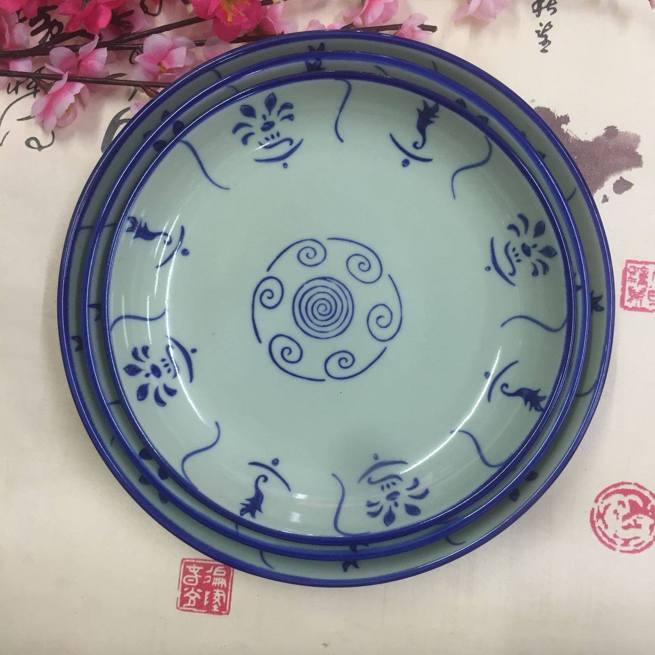 青花瓷特厚菜盘手绘陶瓷兰花饭盘复古民国时期圆盘特价清仓家用盘