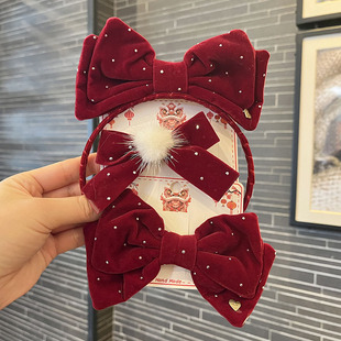 儿童毛球酒红蝴蝶结发夹秋冬新年头饰小女孩发箍发圈女童发饰批发