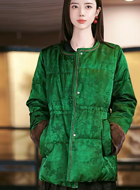 复古日记“青野”新中式提花收腰90白鹅绒水貂羽绒服外套24HR245