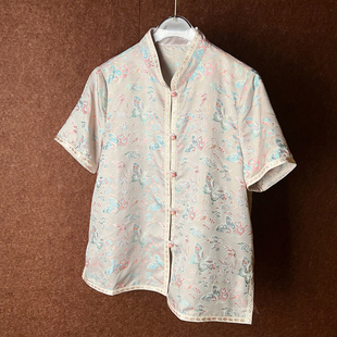 短袖 薄款 气质中国风宽松上衣24FC205 桑蚕丝夏季 复古日记新中式