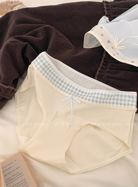 9/22 20:00 奶酪华夫 b*m风纯棉A类撞色拼接格纹碎花边中腰内裤