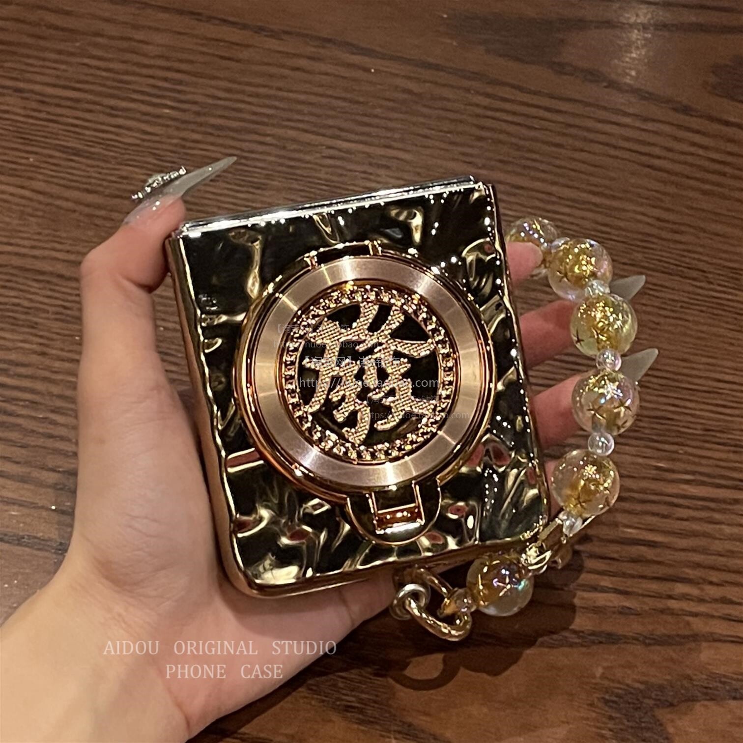适用华为pocket2保护壳高级感金色水波纹折叠屏p50pockets全包防摔保护套硬壳发财支架蝴蝶结珠子手提炼女款