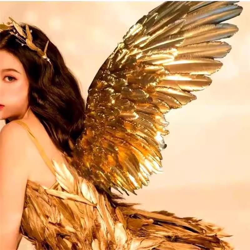 万圣节cos服成人儿童金色羽毛天使翅膀走秀装扮舞台装表演道具