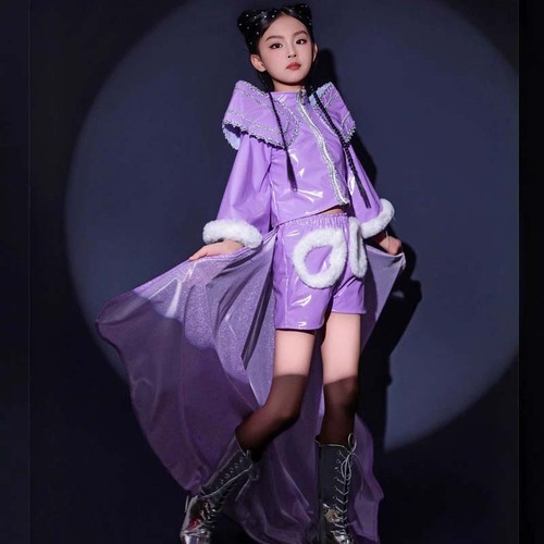 紫中雪女童马卡龙紫色皮套装