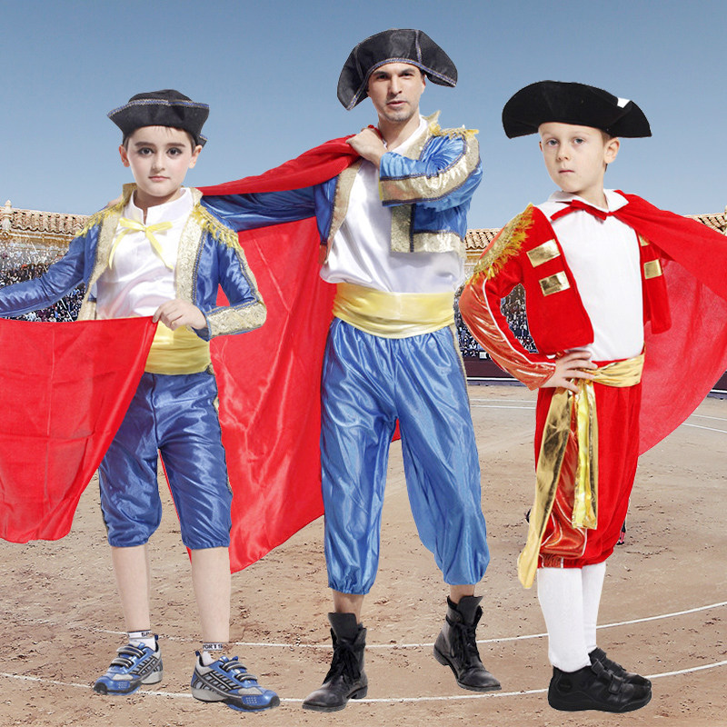 万圣节COS化妆舞会演出儿童斗牛士服装西班牙红披风亲子表演服