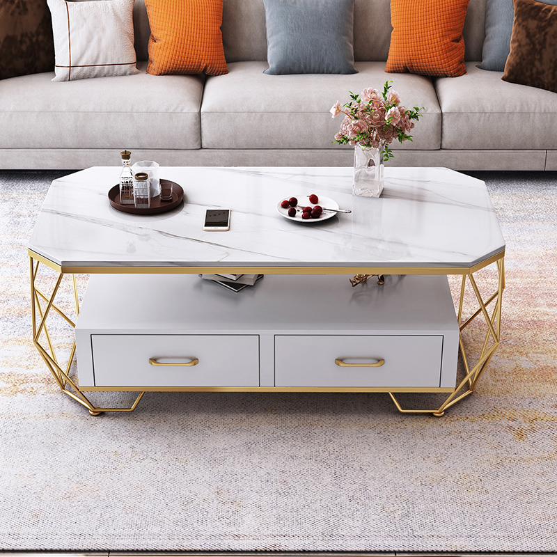北欧小户型轻奢茶几大理石客厅长方形铁艺简约现代钢化玻璃带抽屉