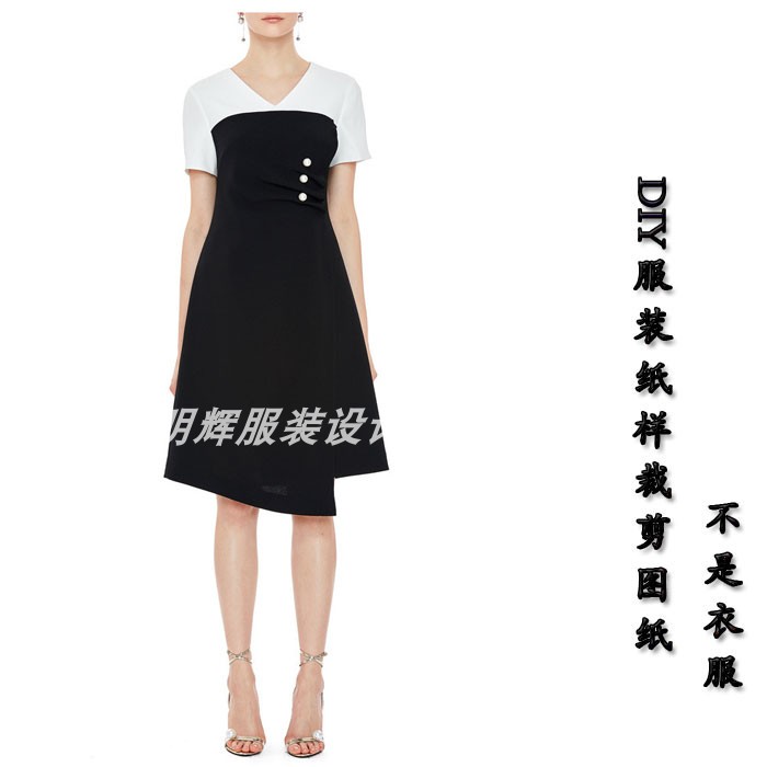 服装样板衣服图纸新款修身春夏拼色短袖连衣裙纸样-3036
