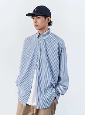【潮woo专属】Mentmate日系cityboy蓝色细条纹中性休闲长袖衬衫男