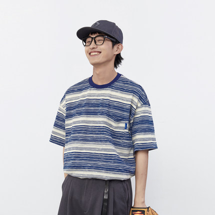Mentmate 22SS 日系city boy做旧条纹口袋短袖男 夏季百搭复古T恤