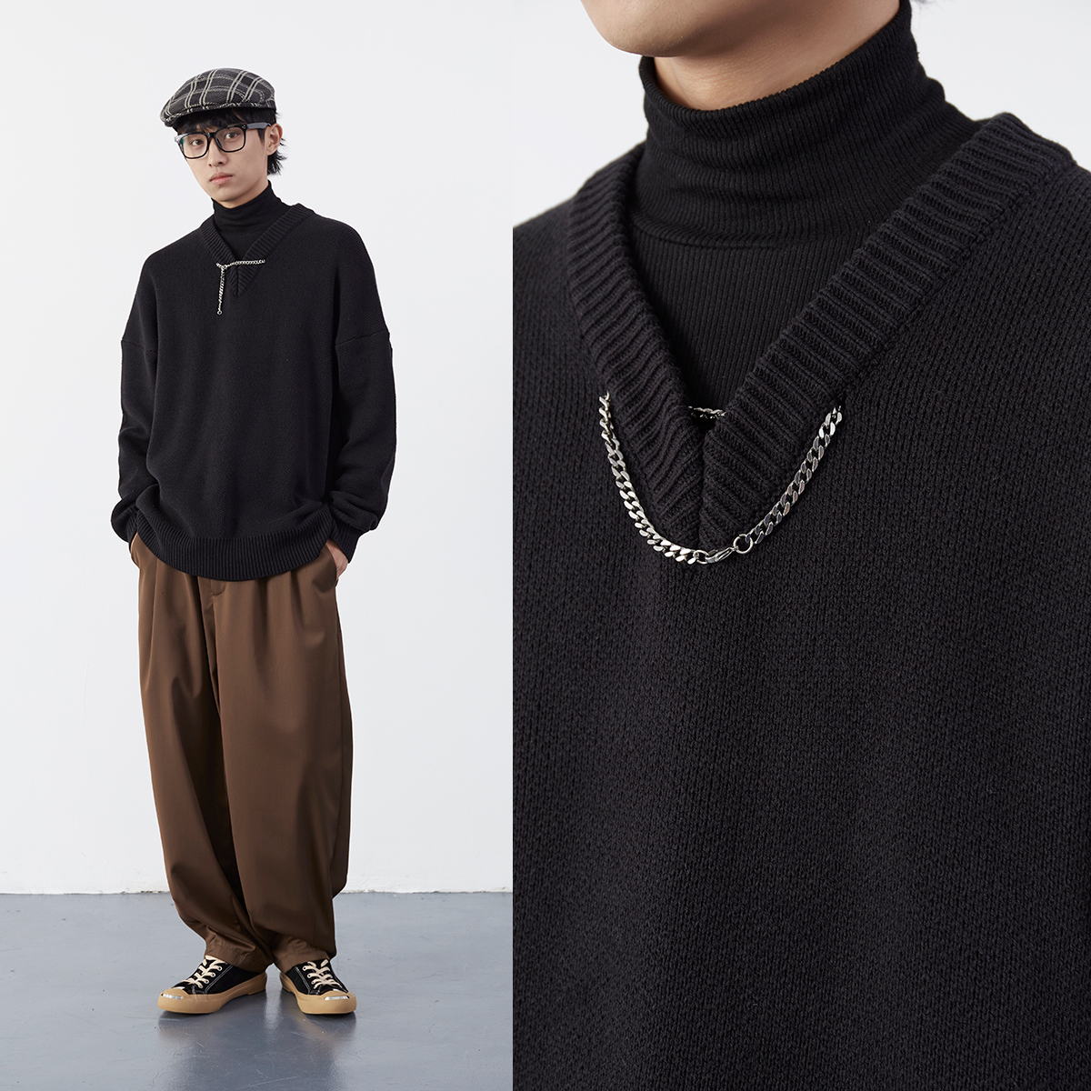 小众设计感V领链饰复古纯色毛衣