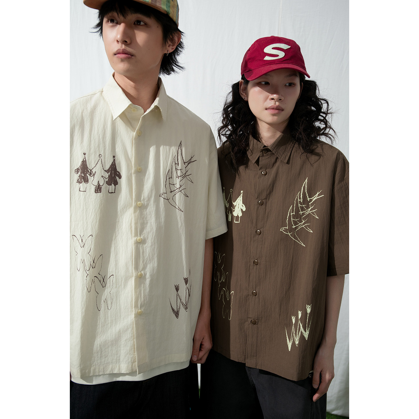 Mentmate 26SS 春夏森系涂鸦印花衬衫短袖男女情侣宽松棉麻感衬衣
