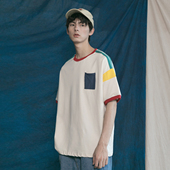 短袖 8090年代怀旧风复古童趣拼色日系 潮人男女情侣宽松圆领T恤衫