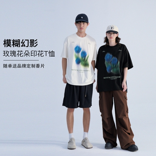 rose小众模糊幻影玫瑰花朵印花T恤男女短袖 Blue 夏 25SS Mentmate
