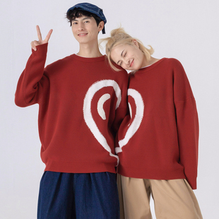 男女情侣宽松针织上衣秋 Mentmate爱心左右拼接毛衣 潮woo专属