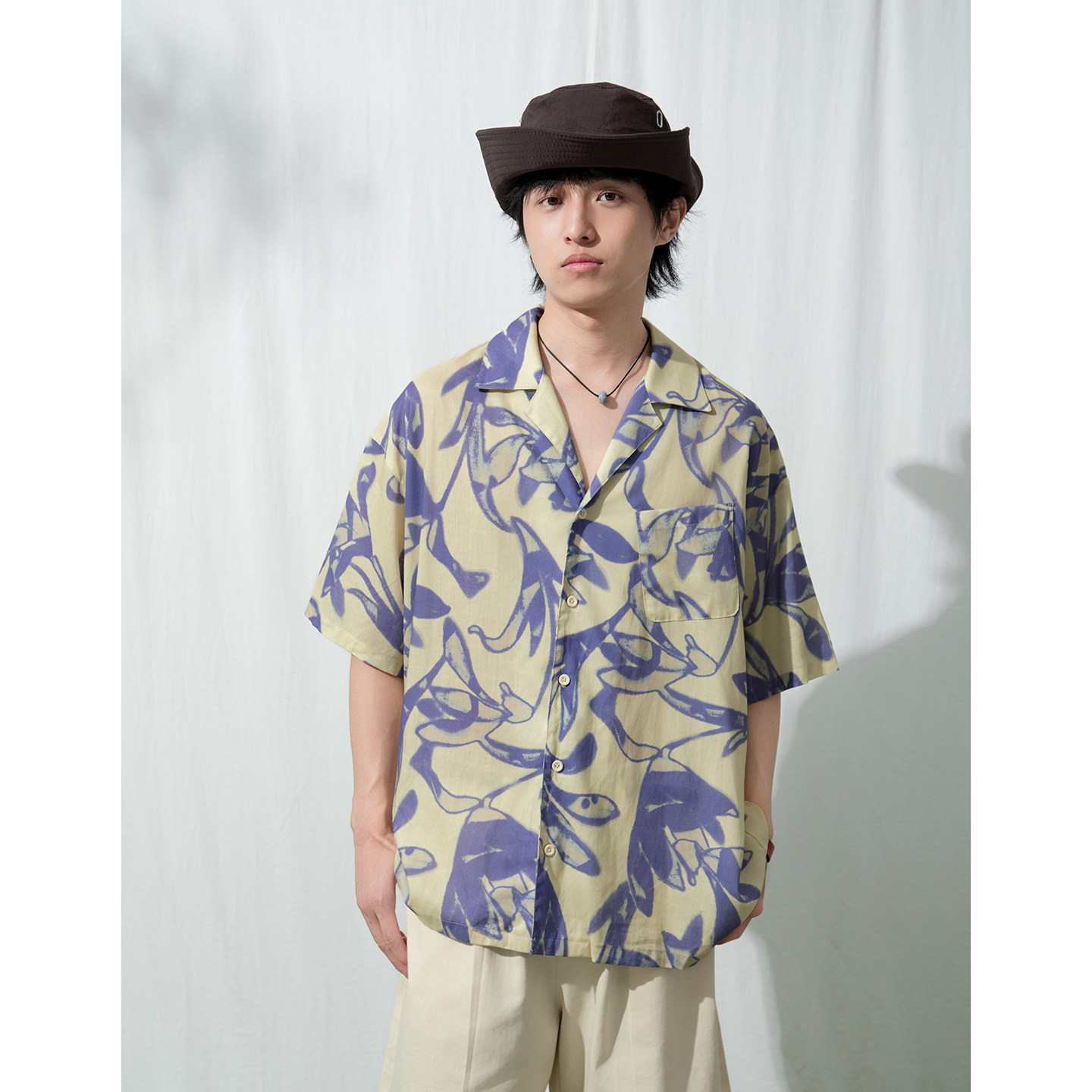 Mentmate 26SS 天丝麻棉春夏花衬衫男 小众文艺紫衬衣短袖 蒙马特