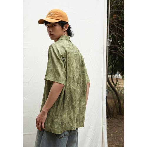 复古文艺风古巴领花纹印花衬衫男