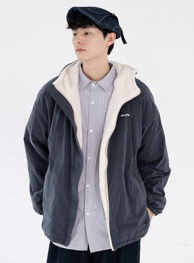 蒙马特先生 秋冬双面穿抓绒连帽保暖外套男 纯色宽松毛绒棉衣风衣