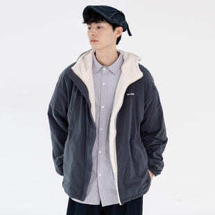 蒙马特先生 纯色宽松毛绒棉衣风衣 秋冬双面穿抓绒连帽保暖外套男