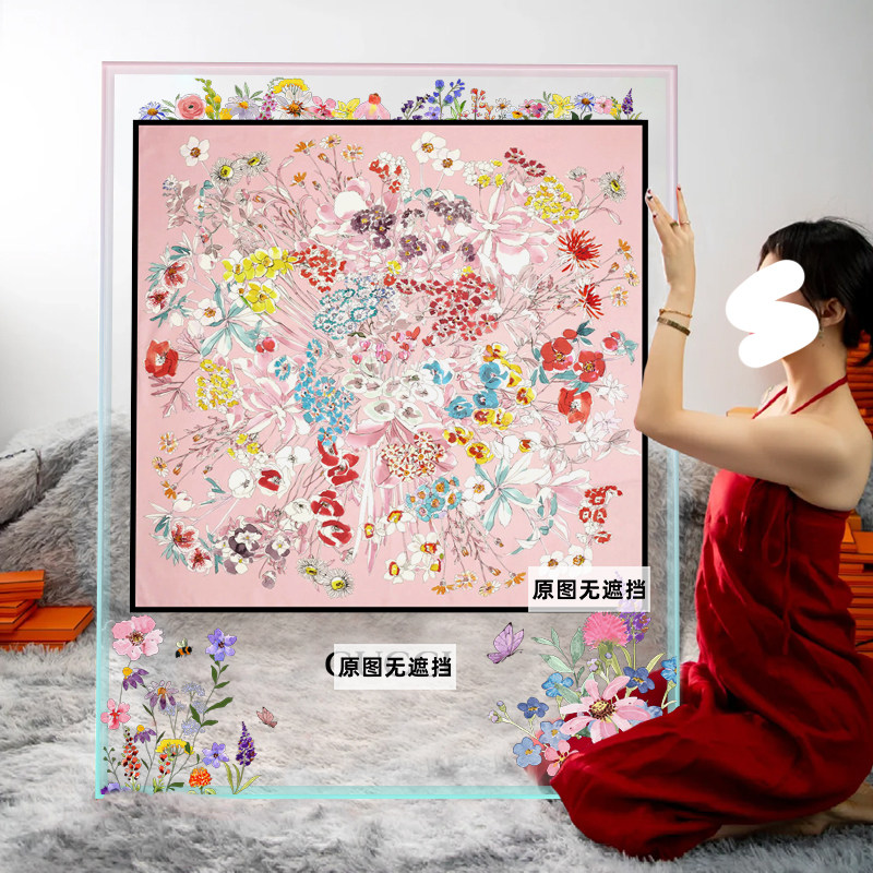 咖啡厅高级亚克力框装饰画小清新花卉丝巾装裱挂画别墅潮流摆画