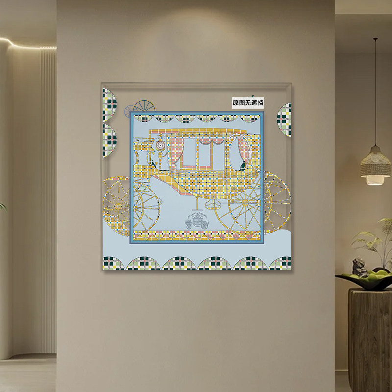 客厅高级感亚克力框装饰画西餐厅时尚马车丝巾装裱挂画玄关落地画