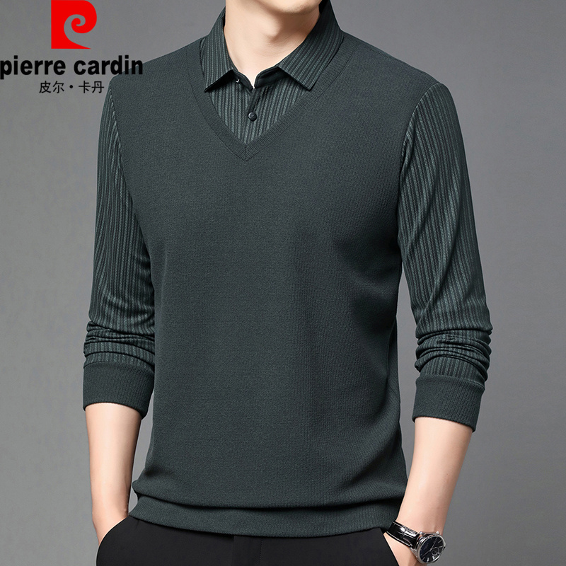 Pierre Cardin皮尔卡丹男士新款商务休闲条纹拼接假两件长袖T恤衫