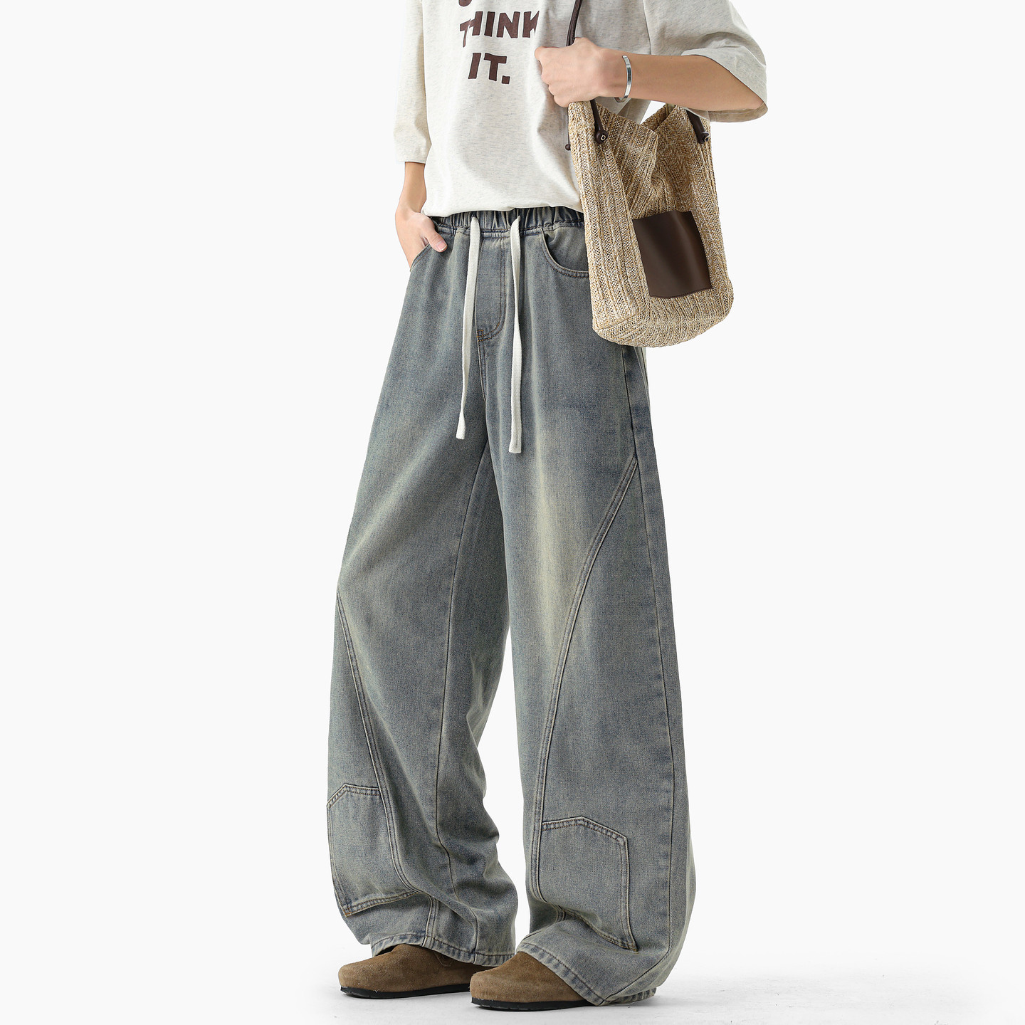 悟空有货美式潮牌解构拼接水洗弯刀牛仔裤男宽松潮流百搭阔腿长裤,男装,牛仔裤,淘宝优惠券,粉丝福利购,淘宝优惠卷