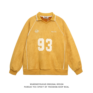 悟空有货潮牌美式字母印花POLO领卫衣男秋季情侣宽松百搭套头上衣