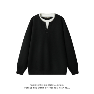 悟空有货美式 宽松设计感套头上衣 复古假两件拼接圆领卫衣男女秋季