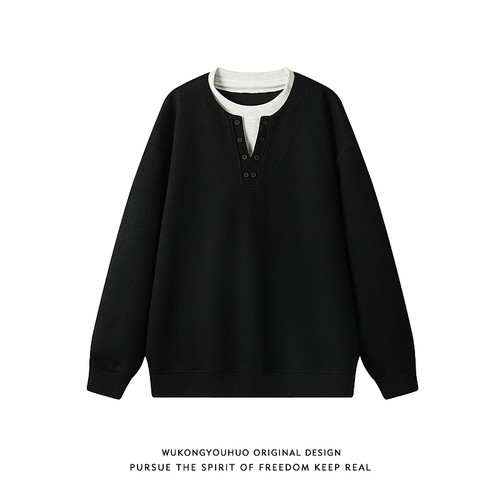 美式复古假两件拼接圆领卫衣男女