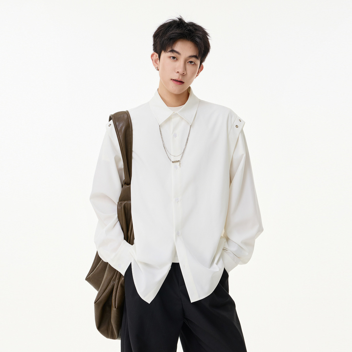 悟空有货美式解构设计感项链长袖衬衫男春季宽松情侣纯色休闲衬衣,男装,衬衫,淘宝优惠券,粉丝福利购,淘宝优惠卷