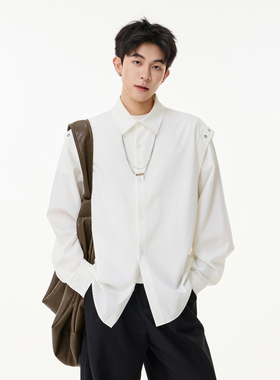 悟空有货美式解构设计感项链长袖衬衫男春季宽松情侣纯色休闲衬衣